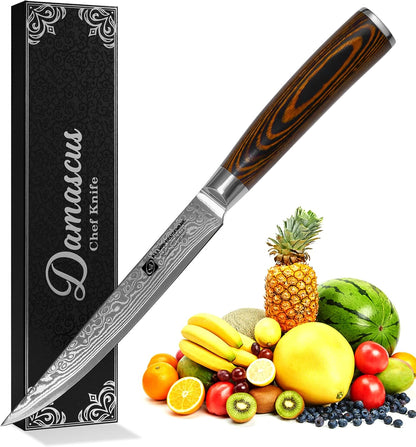 3.5-Inch Damascus Paring Kitchen Knife, VG10 Steel Core, Pakkawood Handle | 12-degree Edge for Peeling, Coring, Garnishing and Fine Fruit or Vegetable Prep; 67-layer Cladding and Gift Box Included