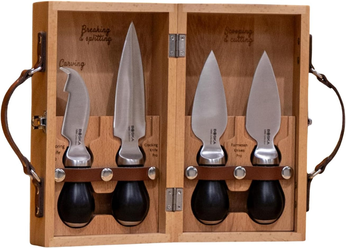 Cheesemongers Parm Set Pro - Professional Cheese Knives - for Parmesan Cheese - Stainless Steel - in Wooden Case - Ergonomic - Scoring Knife, Breaking Knife and 2 Parmesan Knives
