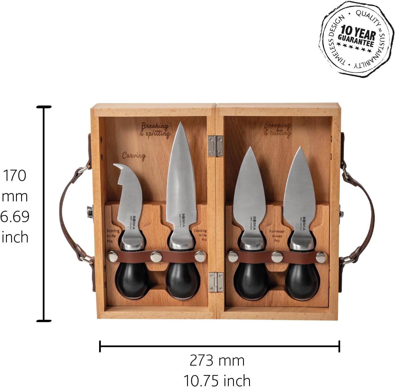 Cheesemongers Parm Set Pro - Professional Cheese Knives - for Parmesan Cheese - Stainless Steel - in Wooden Case - Ergonomic - Scoring Knife, Breaking Knife and 2 Parmesan Knives