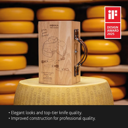 Cheesemongers Parm Set Pro - Professional Cheese Knives - for Parmesan Cheese - Stainless Steel - in Wooden Case - Ergonomic - Scoring Knife, Breaking Knife and 2 Parmesan Knives