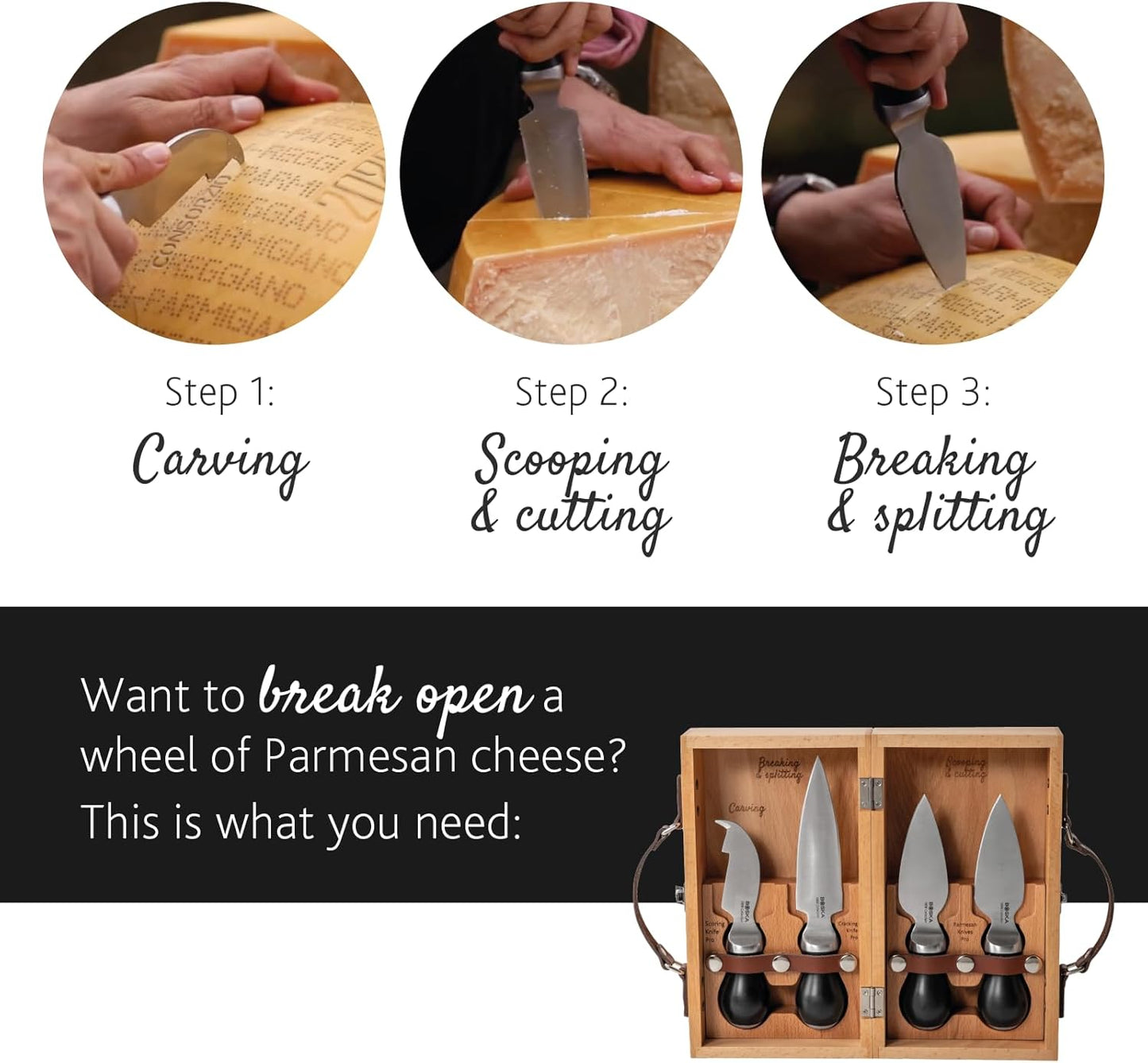 Cheesemongers Parm Set Pro - Professional Cheese Knives - for Parmesan Cheese - Stainless Steel - in Wooden Case - Ergonomic - Scoring Knife, Breaking Knife and 2 Parmesan Knives