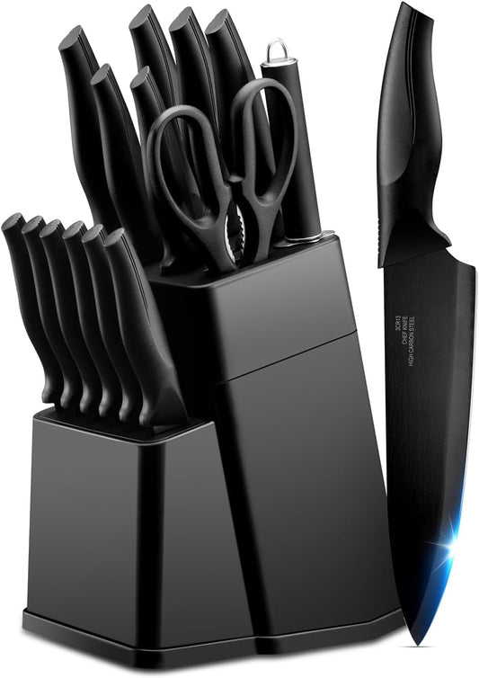 Kitchen Knife Set with Block and Sharpener, 15 Piece Knife Block Set | High Carbon Stainless Steel Chef Knife Set, Includes Utility Paring Santoku Steak Knife, Sharp & Rust Resistant, Black