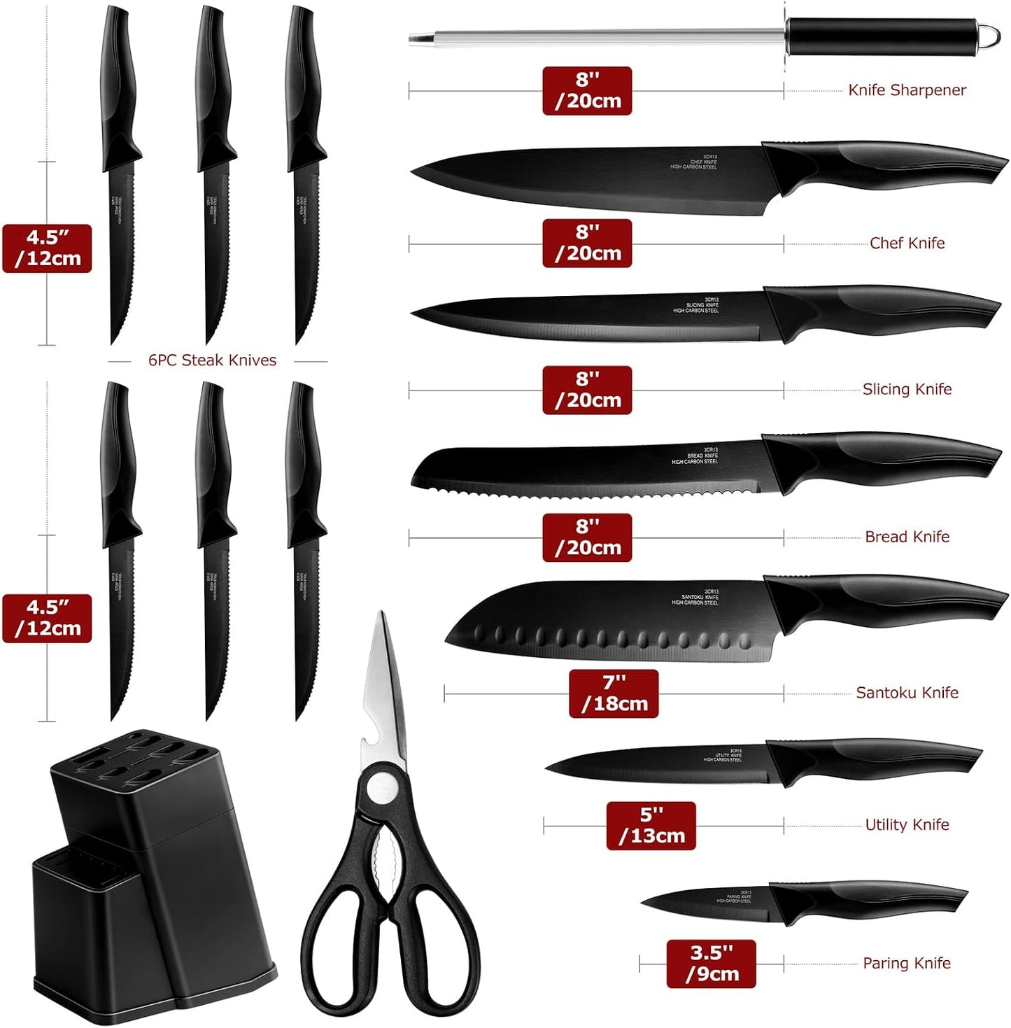 Kitchen Knife Set with Block and Sharpener, 15 Piece Knife Block Set | High Carbon Stainless Steel Chef Knife Set, Includes Utility Paring Santoku Steak Knife, Sharp & Rust Resistant, Black