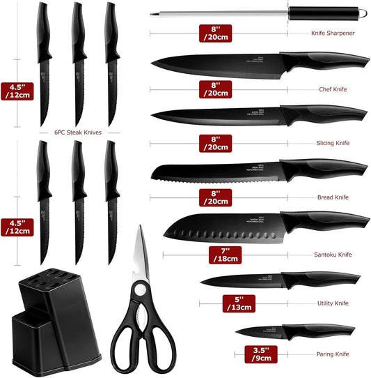 Kitchen Knife Set with Block and Sharpener, 15 Piece Knife Block Set | High Carbon Stainless Steel Chef Knife Set, Includes Utility Paring Santoku Steak Knife, Sharp & Rust Resistant, Black