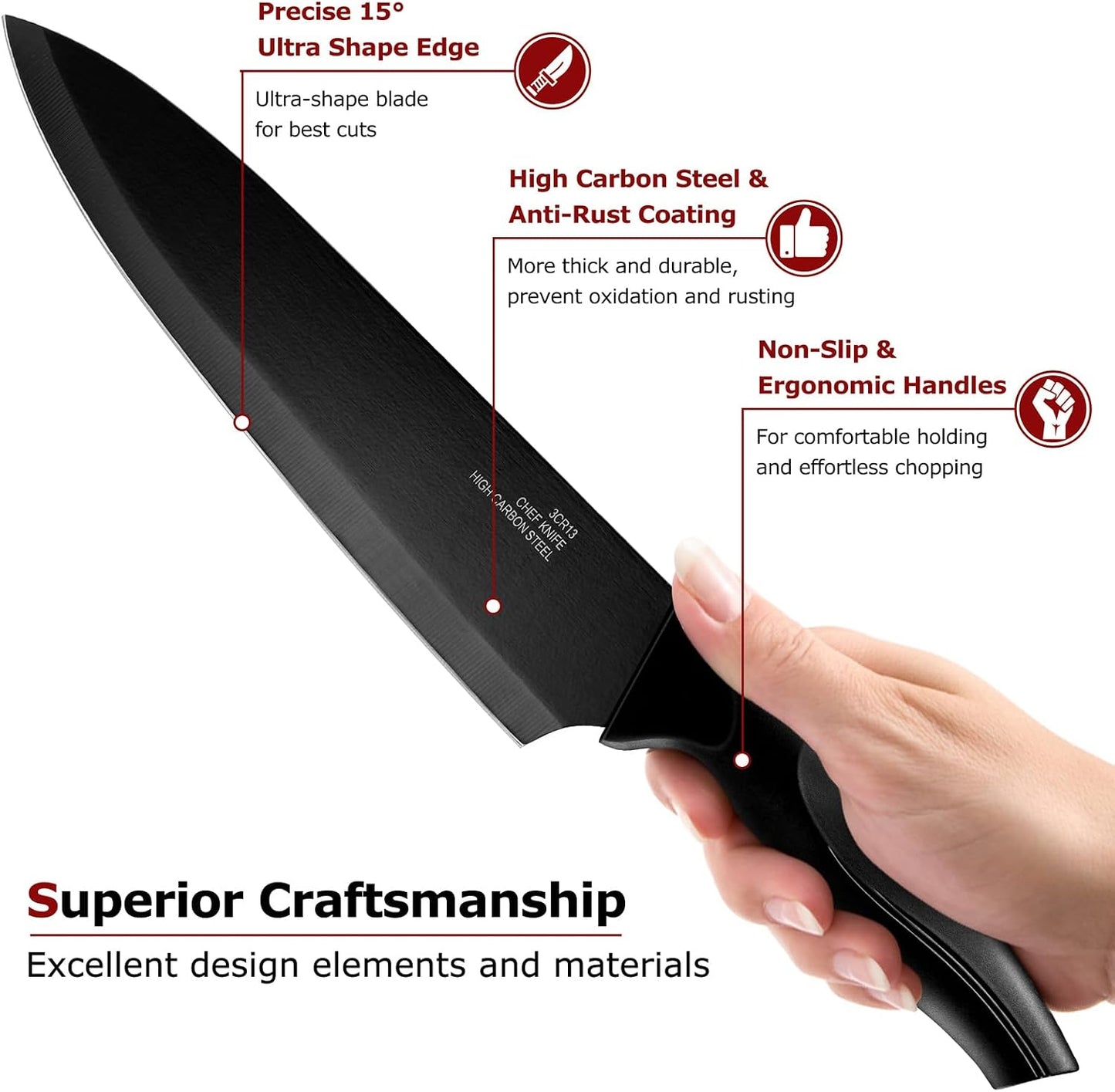 Kitchen Knife Set with Block and Sharpener, 15 Piece Knife Block Set | High Carbon Stainless Steel Chef Knife Set, Includes Utility Paring Santoku Steak Knife, Sharp & Rust Resistant, Black