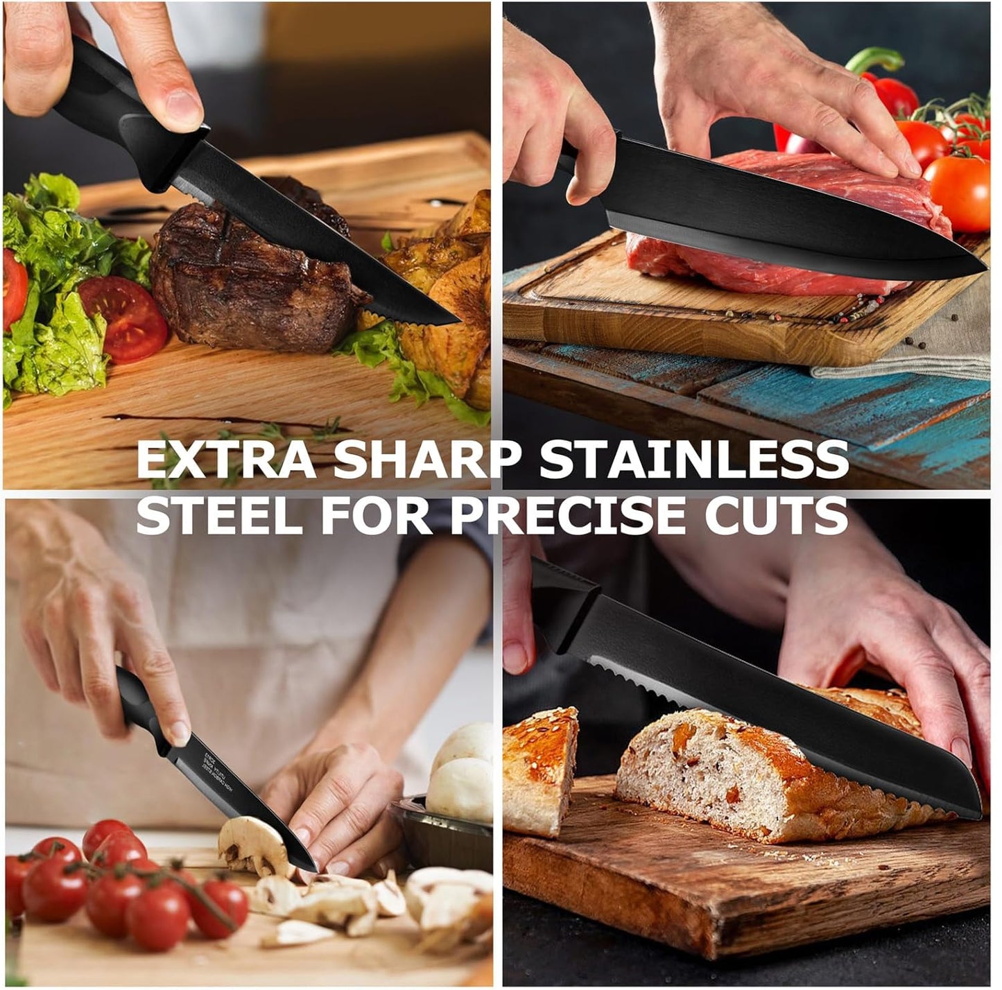 Kitchen Knife Set with Block and Sharpener, 15 Piece Knife Block Set | High Carbon Stainless Steel Chef Knife Set, Includes Utility Paring Santoku Steak Knife, Sharp & Rust Resistant, Black