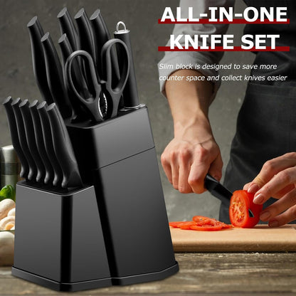 Kitchen Knife Set with Block and Sharpener, 15 Piece Knife Block Set | High Carbon Stainless Steel Chef Knife Set, Includes Utility Paring Santoku Steak Knife, Sharp & Rust Resistant, Black