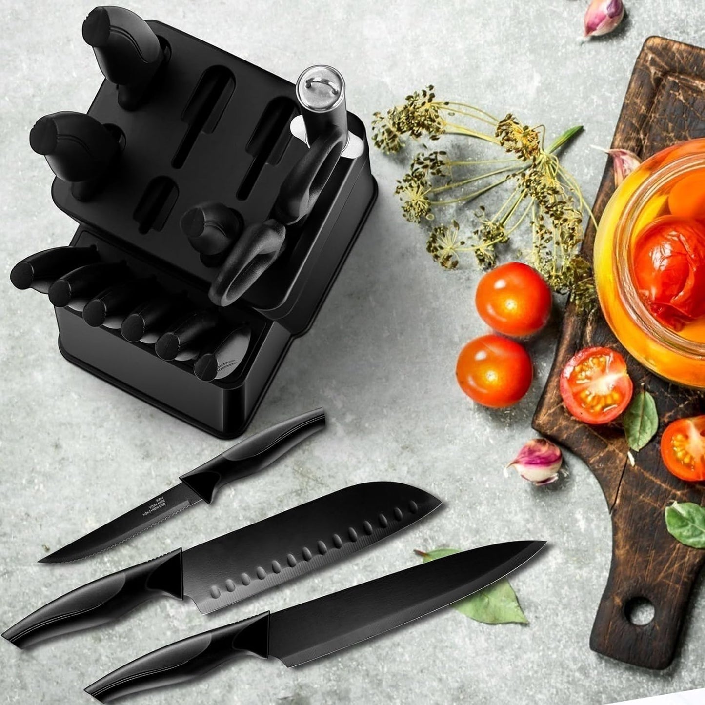 Kitchen Knife Set with Block and Sharpener, 15 Piece Knife Block Set | High Carbon Stainless Steel Chef Knife Set, Includes Utility Paring Santoku Steak Knife, Sharp & Rust Resistant, Black