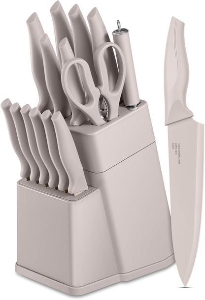 Kitchen Knife Set with Block and Sharpener, 15 Piece Knife Block Set | High Carbon Stainless Steel Chef Knife Set, Includes Utility Paring Santoku Steak Knife, Sharp & Rust Resistant, Black