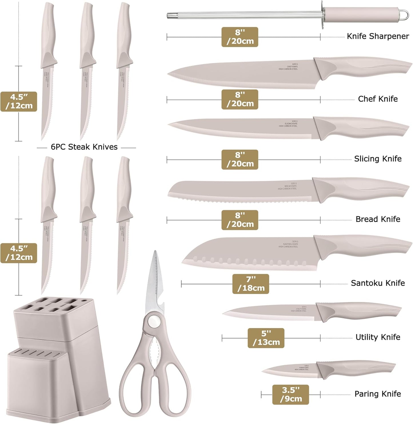 Kitchen Knife Set with Block and Sharpener, 15 Piece Knife Block Set | High Carbon Stainless Steel Chef Knife Set, Includes Utility Paring Santoku Steak Knife, Sharp & Rust Resistant, Black