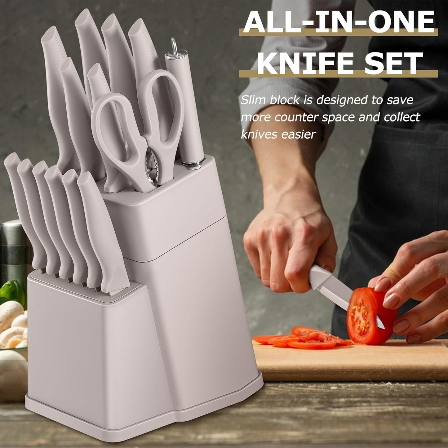 Kitchen Knife Set with Block and Sharpener, 15 Piece Knife Block Set | High Carbon Stainless Steel Chef Knife Set, Includes Utility Paring Santoku Steak Knife, Sharp & Rust Resistant, Black
