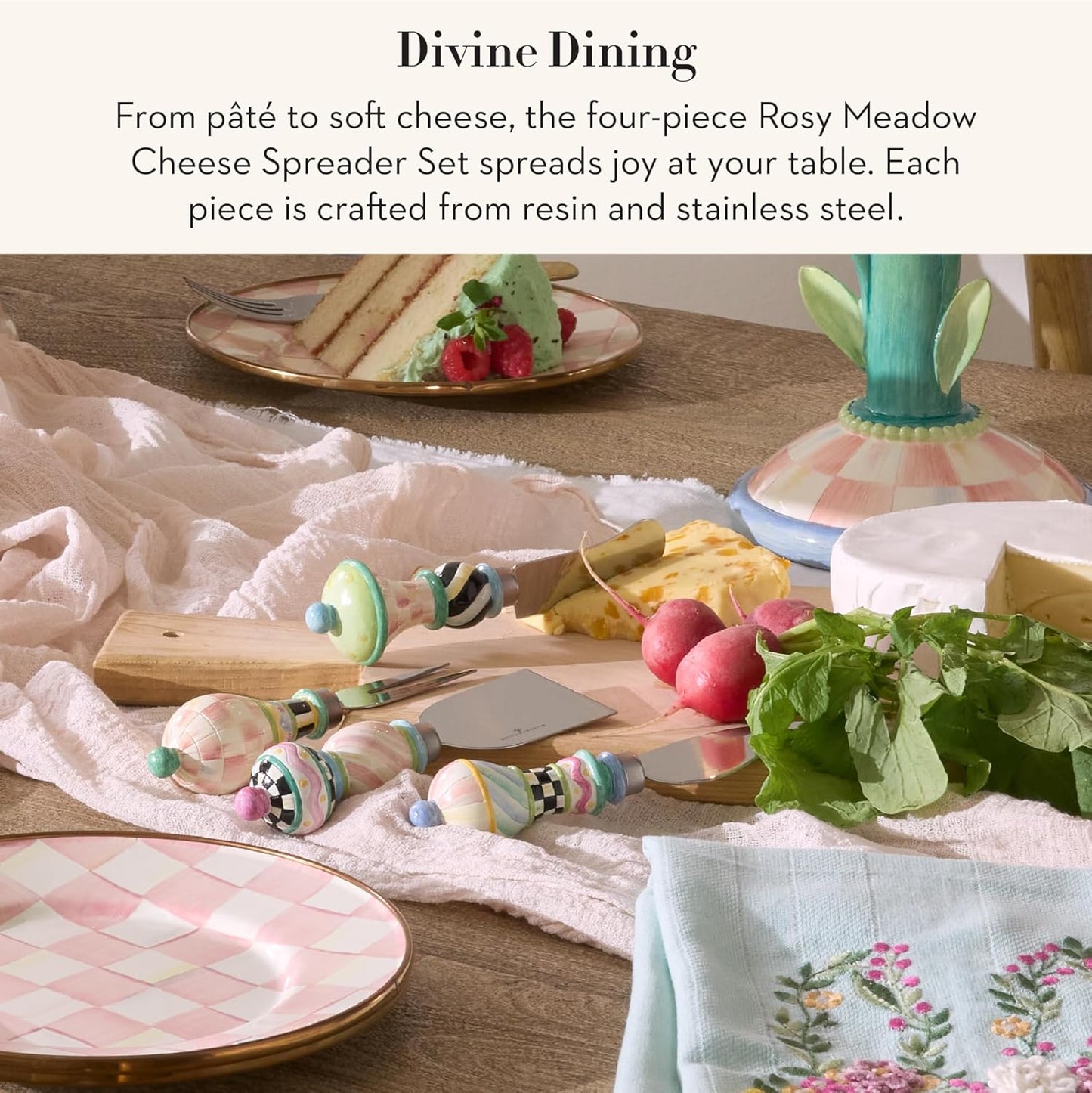 Cheese Knife Set, Rosy Meadow | Hand-applied design, made from resin and metal, stainless-steel butter spreaders. 6.25" L, set of 4