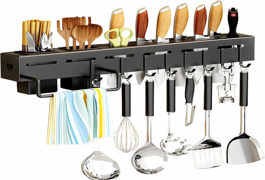 20-Inch Kitchen Organizer - Stainless Steel Non-Hole Hooks,storage Organizer flatware Wall Mounted for Knives, Spoons, Forks Utensil racks