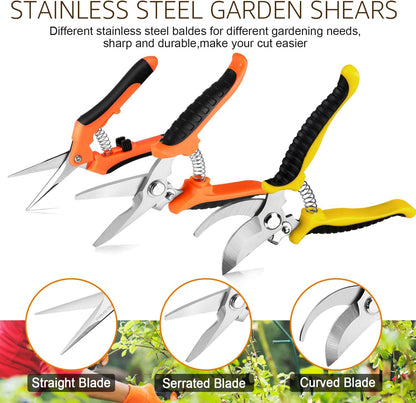 3 Pack Garden Pruning Shears Stainless Steel Blades Handheld Pruners Set with Gardening Gloves