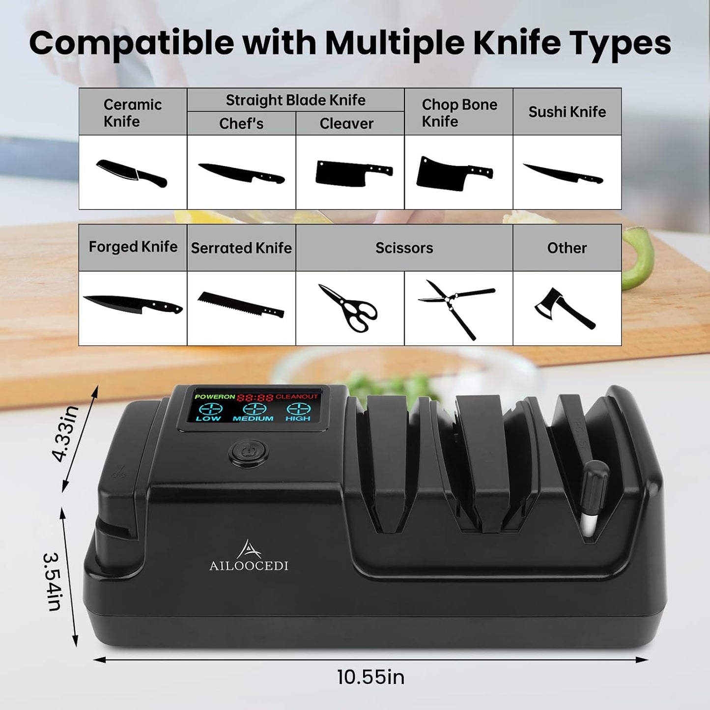 Electric Knife Sharpener with LCD Screen, 3-Stage Speed Adjustable Knife Sharpener for All Kitchen Knives Quick Sharpening (Black)