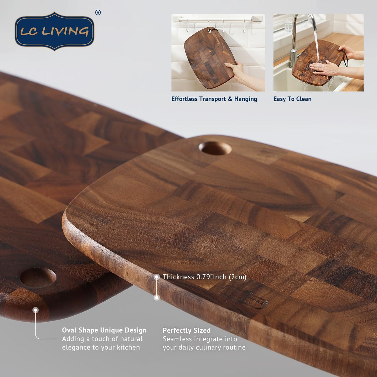 Thai End Grain Acacia Wood End Grain Oval Hanging Cutting Board, best for chopping board, prep station, kitchen deco, cheese, meat, bread, veggies & fruits, 15.7"x11"