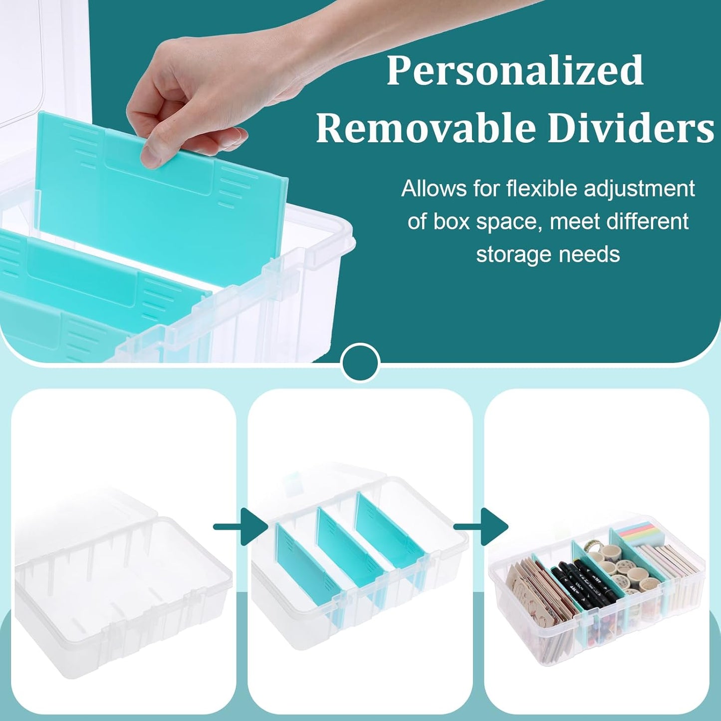 Clear Plastic Dividing Storage Box with 4 Compartments Adjustable Storage Bin with Lid Plastic Craft Storage Container Multipurpose Sewing Box Art Supply Organizer, 13.3x8.1x3.4 Inches