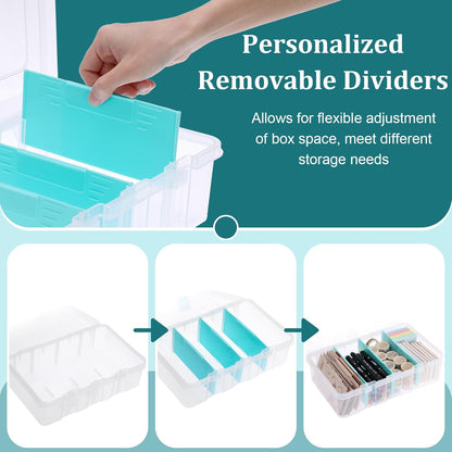 Clear Plastic Dividing Storage Box with 4 Compartments Adjustable Storage Bin with Lid Plastic Craft Storage Container Multipurpose Sewing Box Art Supply Organizer, 13.3x8.1x3.4 Inches