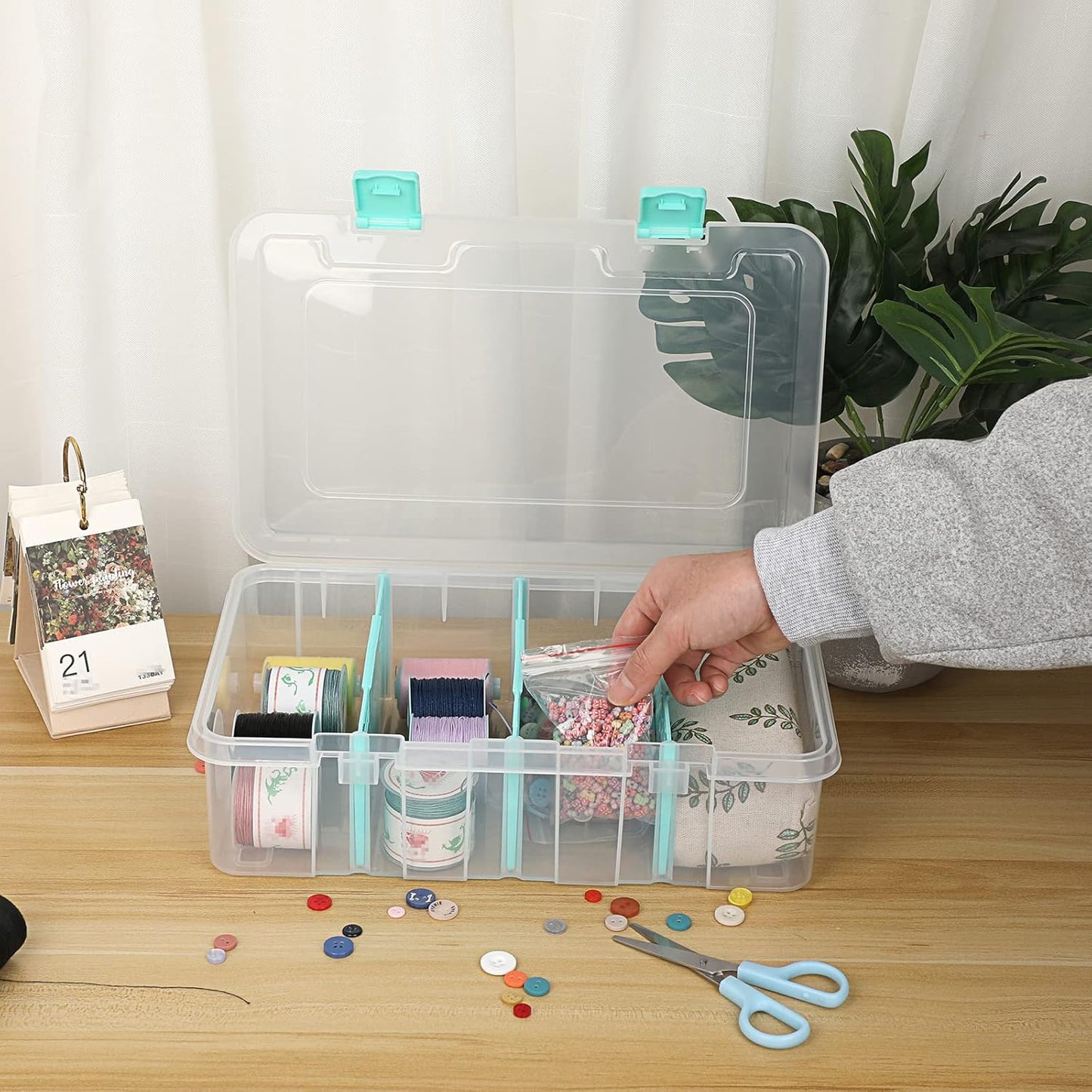 Clear Plastic Dividing Storage Box with 4 Compartments Adjustable Storage Bin with Lid Plastic Craft Storage Container Multipurpose Sewing Box Art Supply Organizer, 13.3x8.1x3.4 Inches