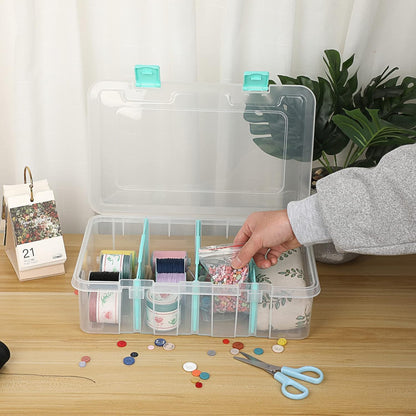 Clear Plastic Dividing Storage Box with 4 Compartments Adjustable Storage Bin with Lid Plastic Craft Storage Container Multipurpose Sewing Box Art Supply Organizer, 13.3x8.1x3.4 Inches