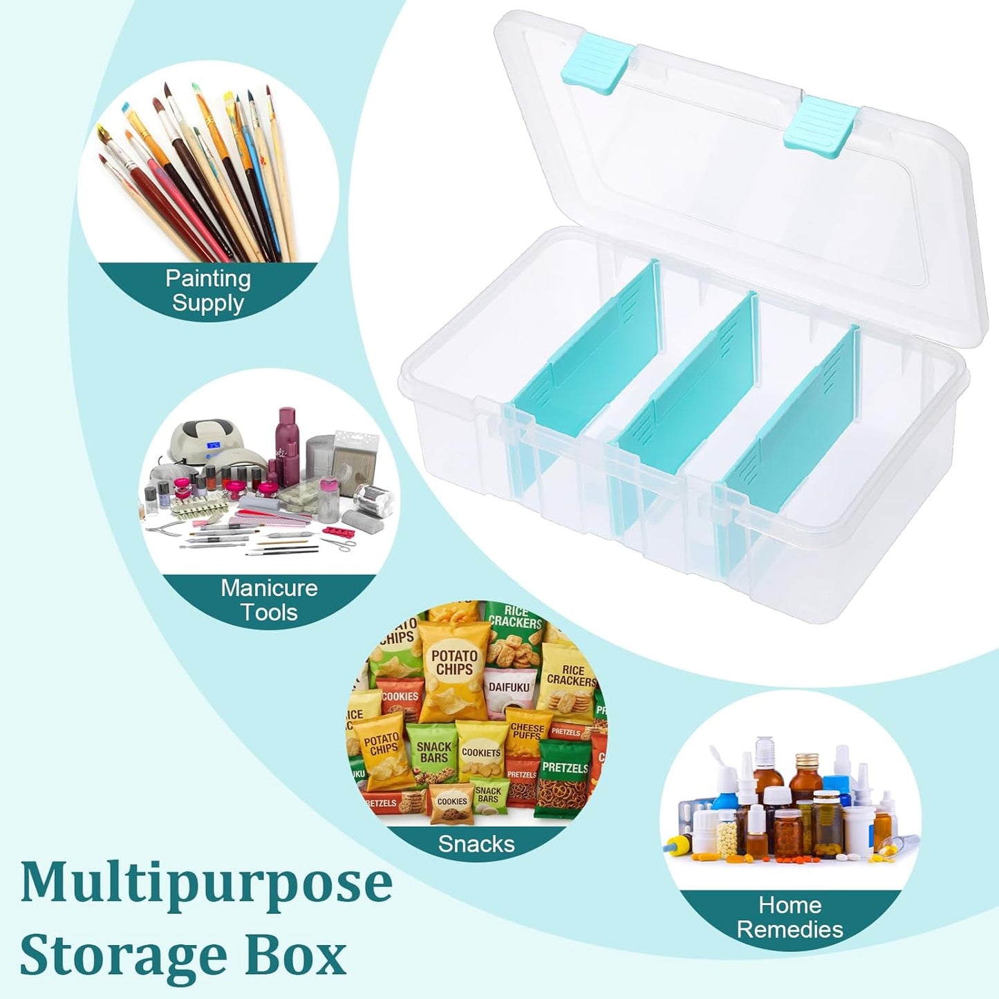 Clear Plastic Dividing Storage Box with 4 Compartments Adjustable Storage Bin with Lid Plastic Craft Storage Container Multipurpose Sewing Box Art Supply Organizer, 13.3x8.1x3.4 Inches