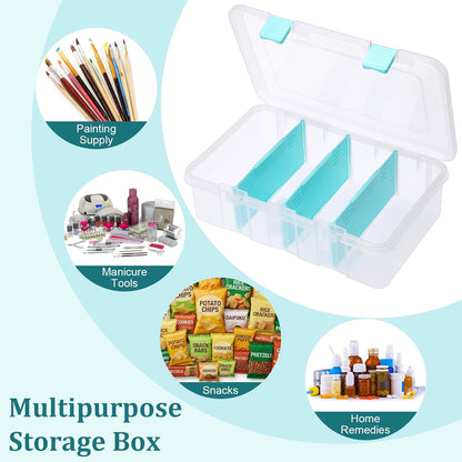 Clear Plastic Dividing Storage Box with 4 Compartments Adjustable Storage Bin with Lid Plastic Craft Storage Container Multipurpose Sewing Box Art Supply Organizer, 13.3x8.1x3.4 Inches