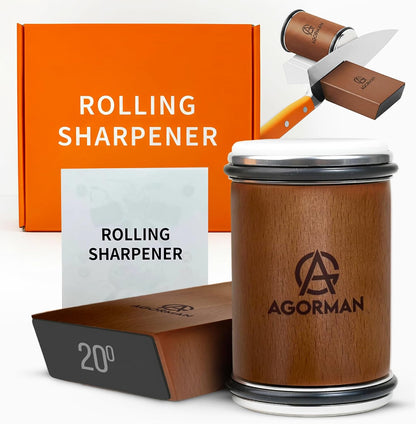 Rolling Knife Sharpener Kit, 400/1000 Grit Dual Diamond Roller, Magnetic 15° & 20° Angle Guide, Stainless Steel & Wood Manual Sharpener for Straight-Edge Kitchen Knives