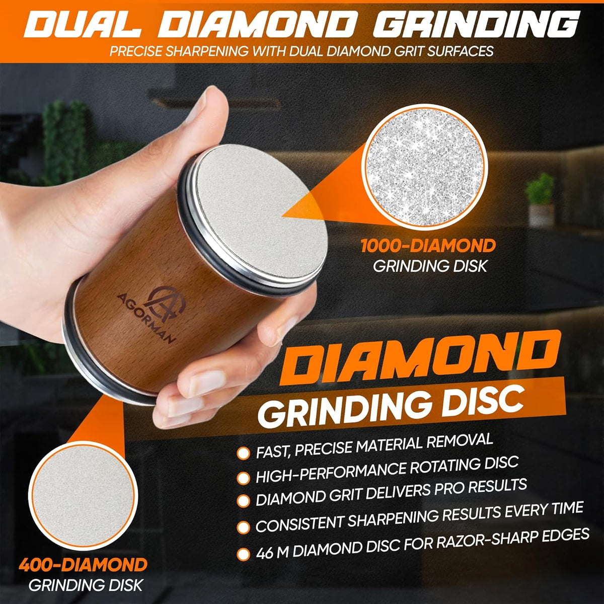Rolling Knife Sharpener Kit, 400/1000 Grit Dual Diamond Roller, Magnetic 15° & 20° Angle Guide, Stainless Steel & Wood Manual Sharpener for Straight-Edge Kitchen Knives