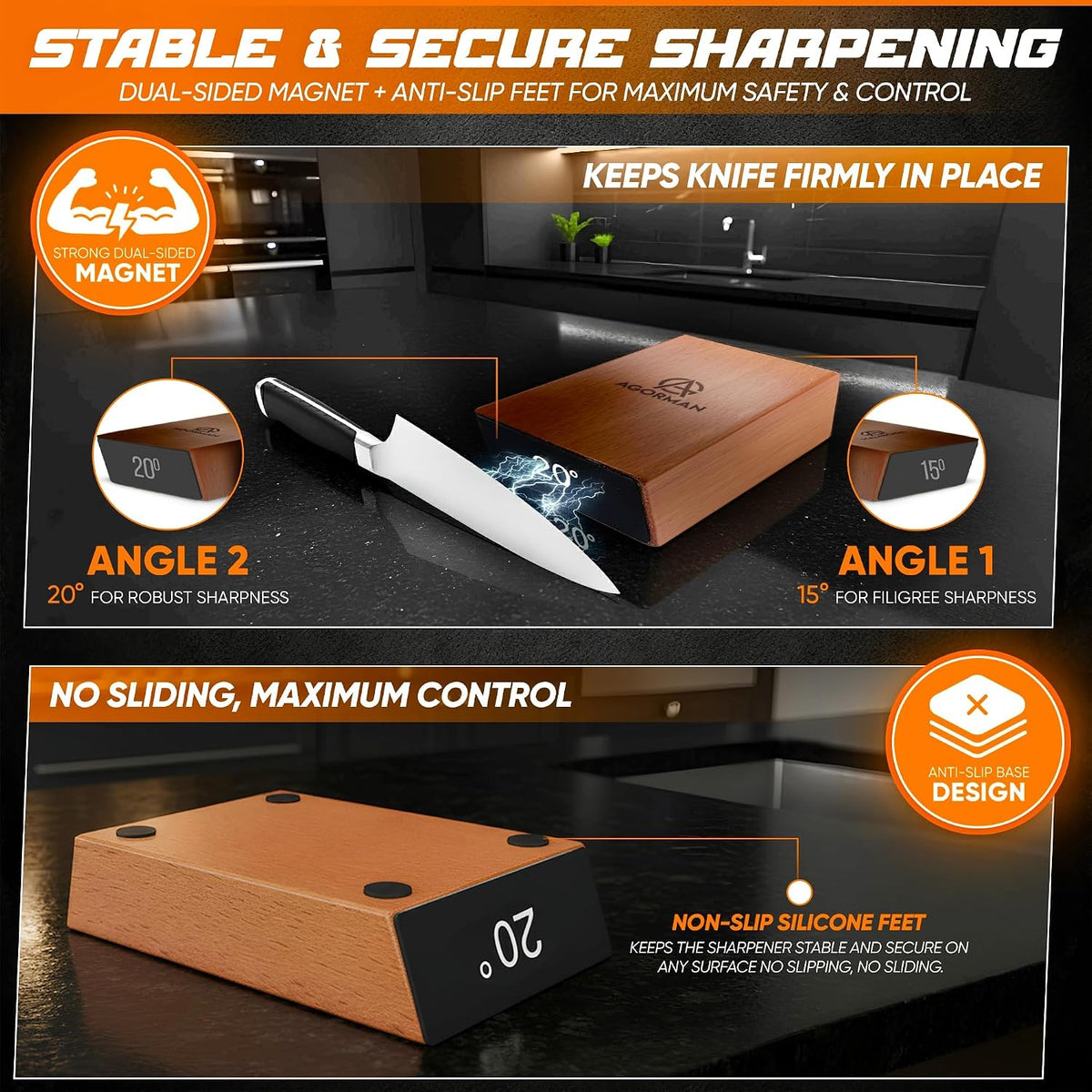 Rolling Knife Sharpener Kit, 400/1000 Grit Dual Diamond Roller, Magnetic 15° & 20° Angle Guide, Stainless Steel & Wood Manual Sharpener for Straight-Edge Kitchen Knives