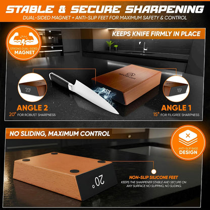 Rolling Knife Sharpener Kit, 400/1000 Grit Dual Diamond Roller, Magnetic 15° & 20° Angle Guide, Stainless Steel & Wood Manual Sharpener for Straight-Edge Kitchen Knives