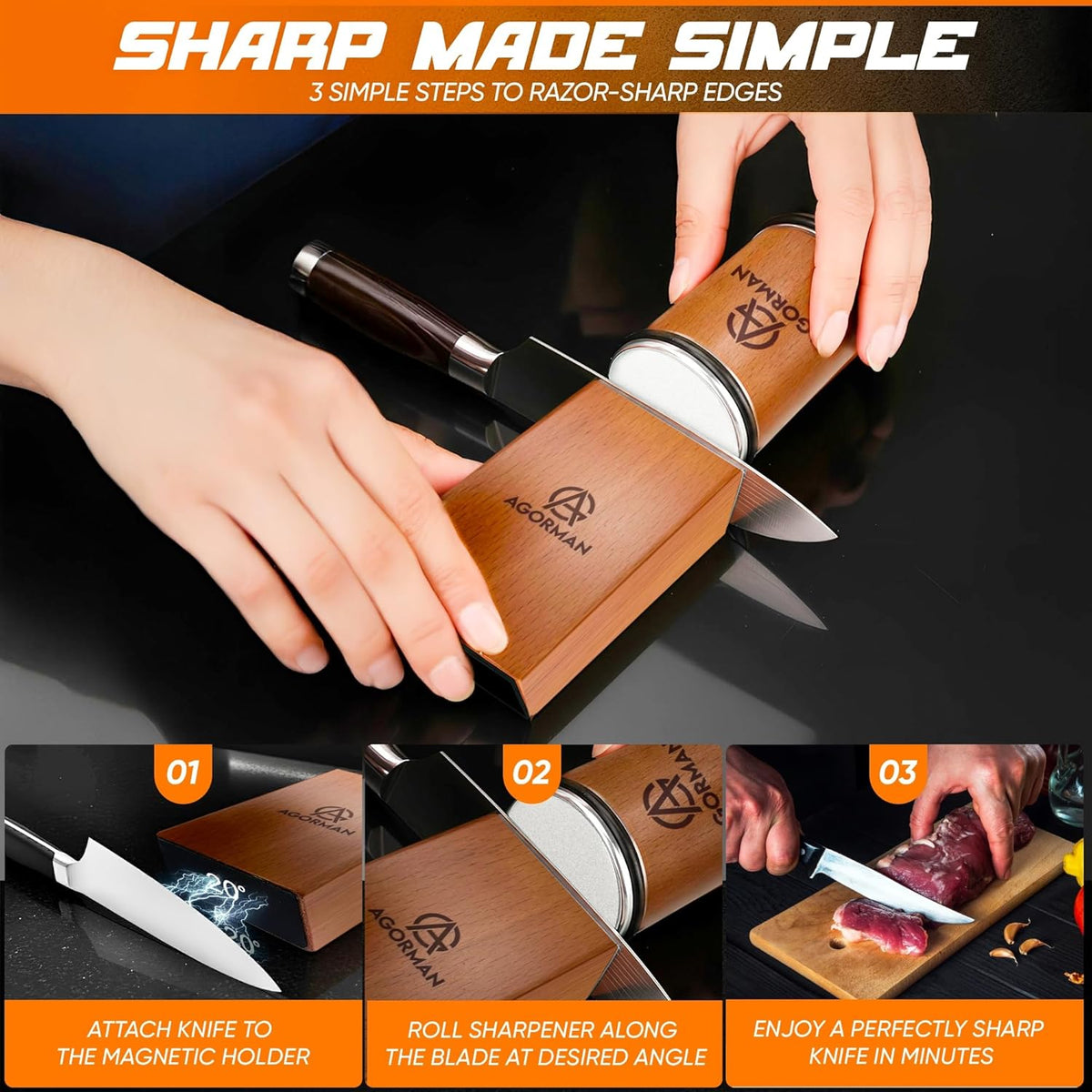 Rolling Knife Sharpener Kit, 400/1000 Grit Dual Diamond Roller, Magnetic 15° & 20° Angle Guide, Stainless Steel & Wood Manual Sharpener for Straight-Edge Kitchen Knives