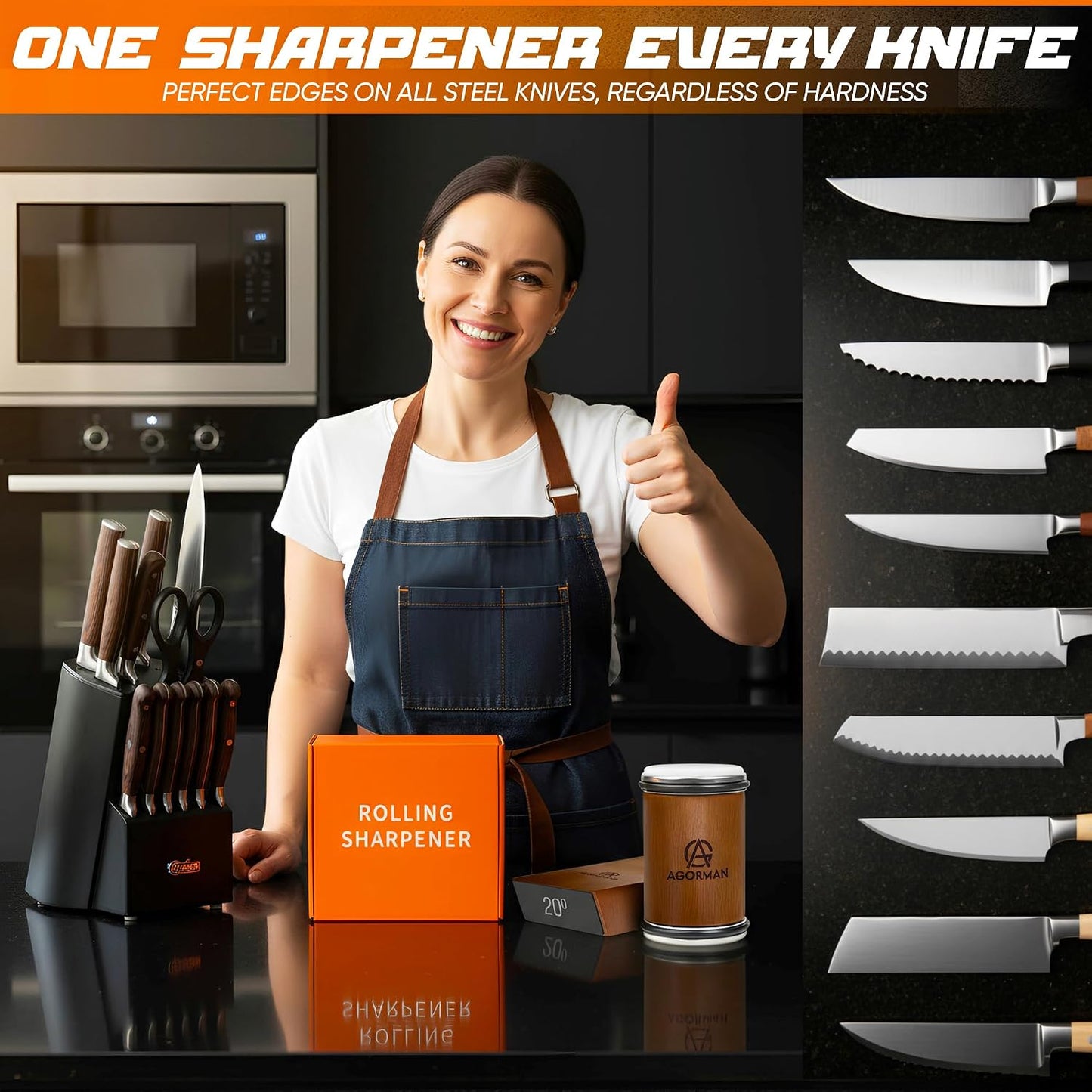Rolling Knife Sharpener Kit, 400/1000 Grit Dual Diamond Roller, Magnetic 15° & 20° Angle Guide, Stainless Steel & Wood Manual Sharpener for Straight-Edge Kitchen Knives