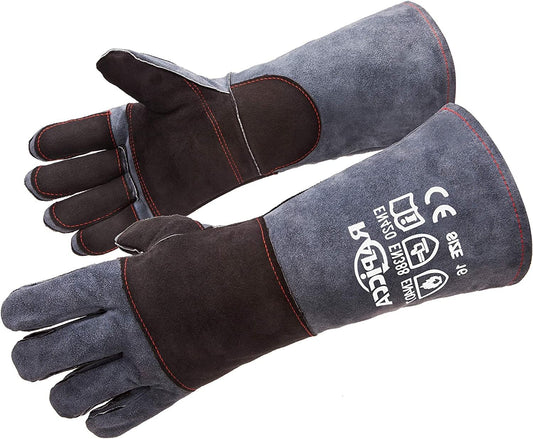 Fireplace Fire Pit Gloves, 932°F Fireproof Leather, 16in Dark Grey | For Wood Stove, Campfire, Charcoal, Cast Iron, BBQ Grill, Oven, Stick & MIG Welding, Forge, Dry Ice