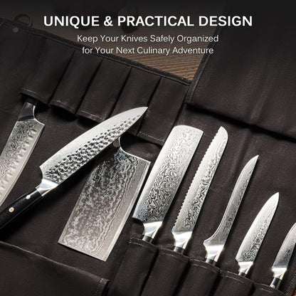 Chef Knife Roll Bag, Kitchen Knife and Utensil Holder with 10 Slots 3 Cutlery Holders for Chef Knife Set, Oiled Leather and Waxed Canvas Knife Roll Up Travel Bag with Adjustable Strap, Black