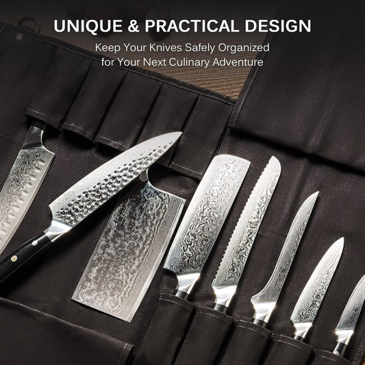 Chef Knife Roll Bag, Kitchen Knife and Utensil Holder with 10 Slots 3 Cutlery Holders for Chef Knife Set, Oiled Leather and Waxed Canvas Knife Roll Up Travel Bag with Adjustable Strap, Black