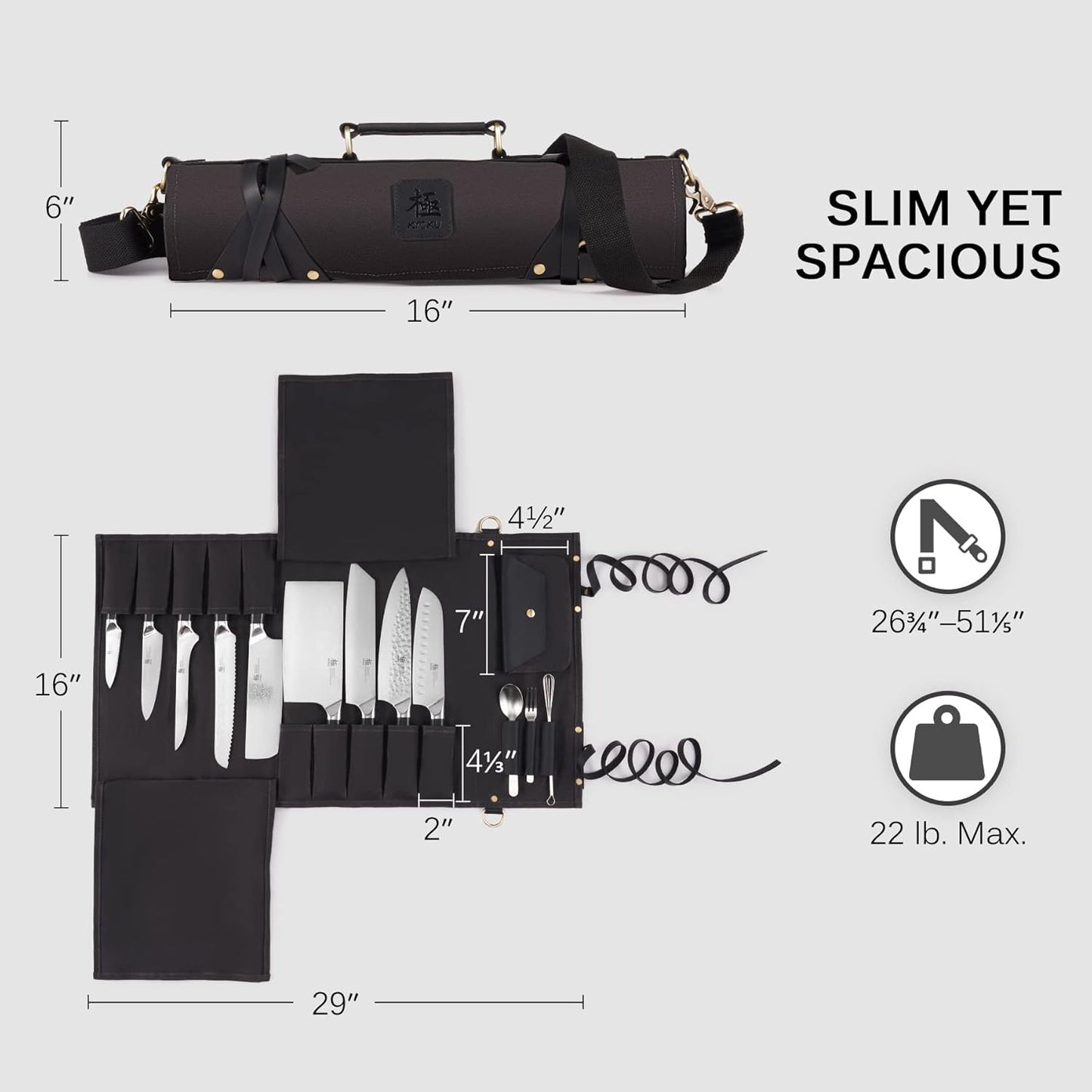 Chef Knife Roll Bag, Kitchen Knife and Utensil Holder with 10 Slots 3 Cutlery Holders for Chef Knife Set, Oiled Leather and Waxed Canvas Knife Roll Up Travel Bag with Adjustable Strap, Black