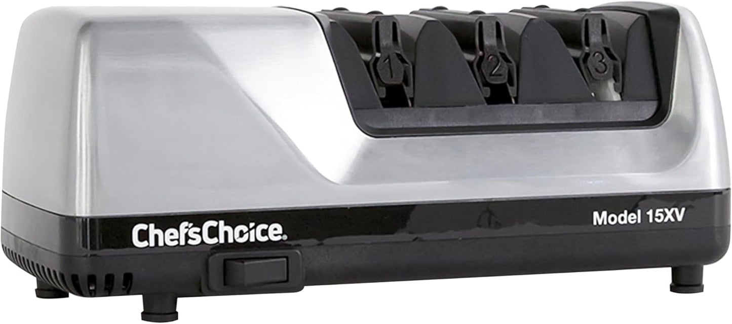 15XV Professional Electric Knife Sharpener with Durable Metal Housing & 100-Percent Diamond Abrasives and Precision Angle Guides for Straight Edge and Serrated Knives, 3-Stage, Metallic