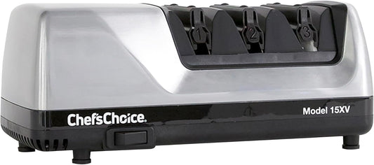 15XV Professional Electric Knife Sharpener with Durable Metal Housing & 100-Percent Diamond Abrasives and Precision Angle Guides for Straight Edge and Serrated Knives, 3-Stage, Metallic