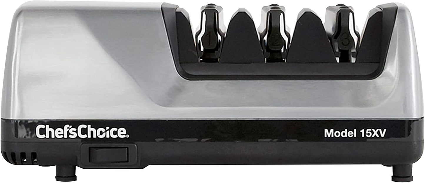 15XV Professional Electric Knife Sharpener with Durable Metal Housing & 100-Percent Diamond Abrasives and Precision Angle Guides for Straight Edge and Serrated Knives, 3-Stage, Metallic
