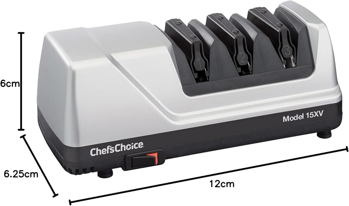 15XV Professional Electric Knife Sharpener with Durable Metal Housing & 100-Percent Diamond Abrasives and Precision Angle Guides for Straight Edge and Serrated Knives, 3-Stage, Metallic