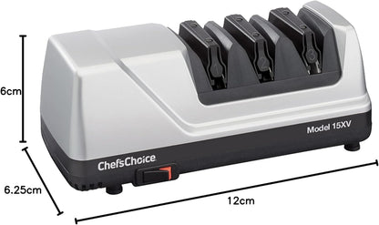 15XV Professional Electric Knife Sharpener with Durable Metal Housing & 100-Percent Diamond Abrasives and Precision Angle Guides for Straight Edge and Serrated Knives, 3-Stage, Metallic