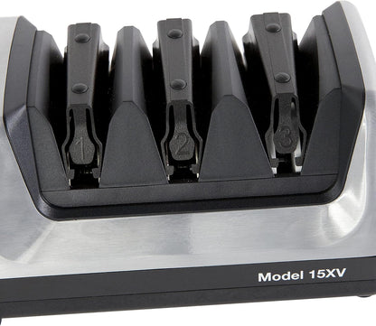 15XV Professional Electric Knife Sharpener with Durable Metal Housing & 100-Percent Diamond Abrasives and Precision Angle Guides for Straight Edge and Serrated Knives, 3-Stage, Metallic