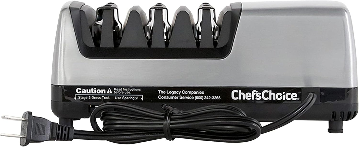 15XV Professional Electric Knife Sharpener with Durable Metal Housing & 100-Percent Diamond Abrasives and Precision Angle Guides for Straight Edge and Serrated Knives, 3-Stage, Metallic