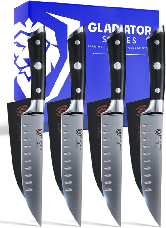 Non Serrated Steak Knives Set of 4-5 inch Straight Blade Steak Knife Set - Sheaths - Forged German Steel - Black G10 Handle - Gladiator Series Elite - Dinner Set - NSF Cuchillos para Carne