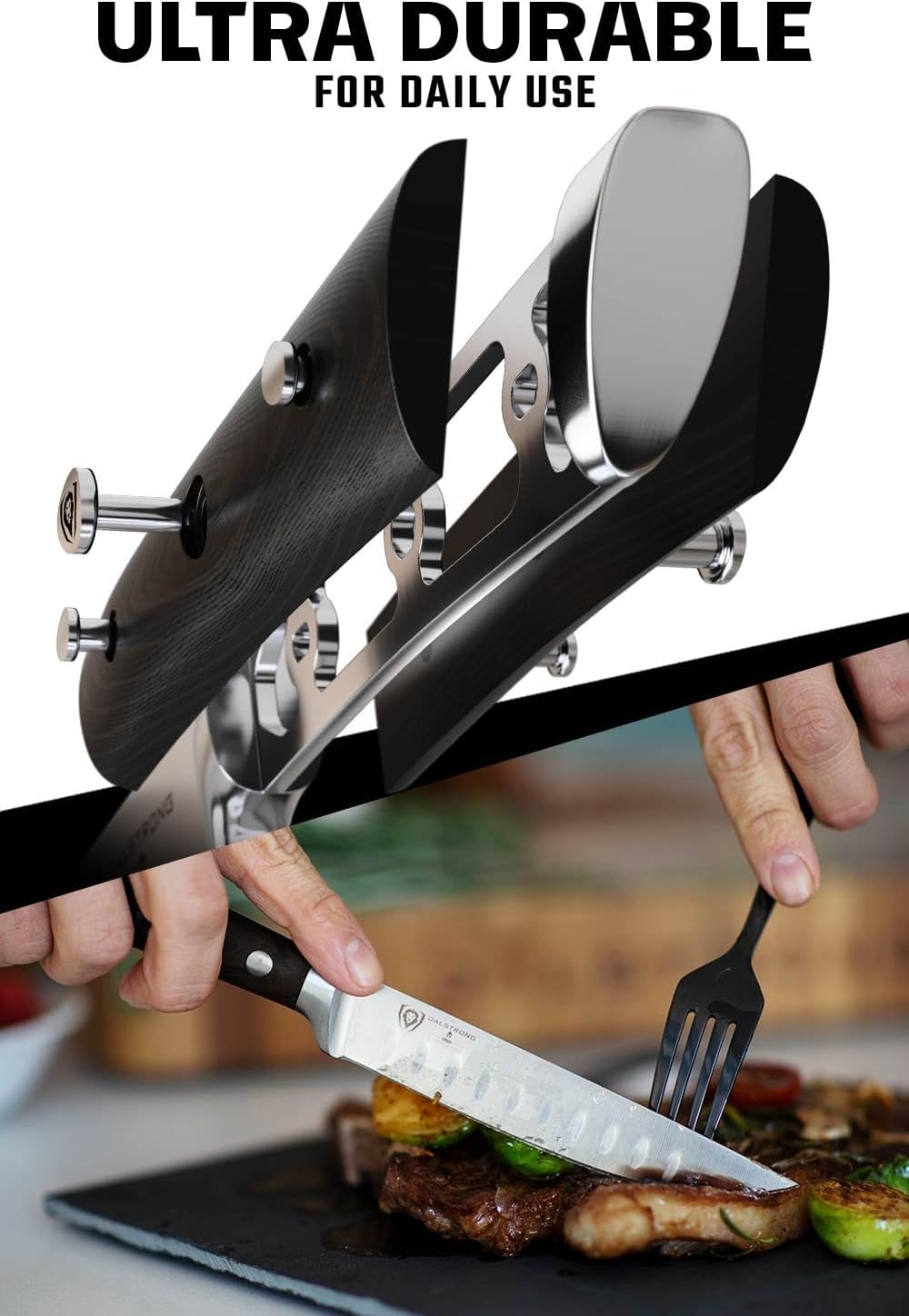Non Serrated Steak Knives Set of 4-5 inch Straight Blade Steak Knife Set - Sheaths - Forged German Steel - Black G10 Handle - Gladiator Series Elite - Dinner Set - NSF Cuchillos para Carne