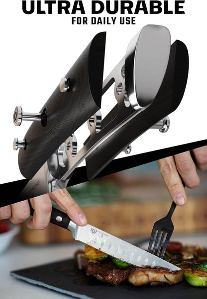 Non Serrated Steak Knives Set of 4-5 inch Straight Blade Steak Knife Set - Sheaths - Forged German Steel - Black G10 Handle - Gladiator Series Elite - Dinner Set - NSF Cuchillos para Carne
