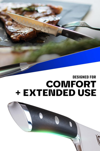 Non Serrated Steak Knives Set of 4-5 inch Straight Blade Steak Knife Set - Sheaths - Forged German Steel - Black G10 Handle - Gladiator Series Elite - Dinner Set - NSF Cuchillos para Carne