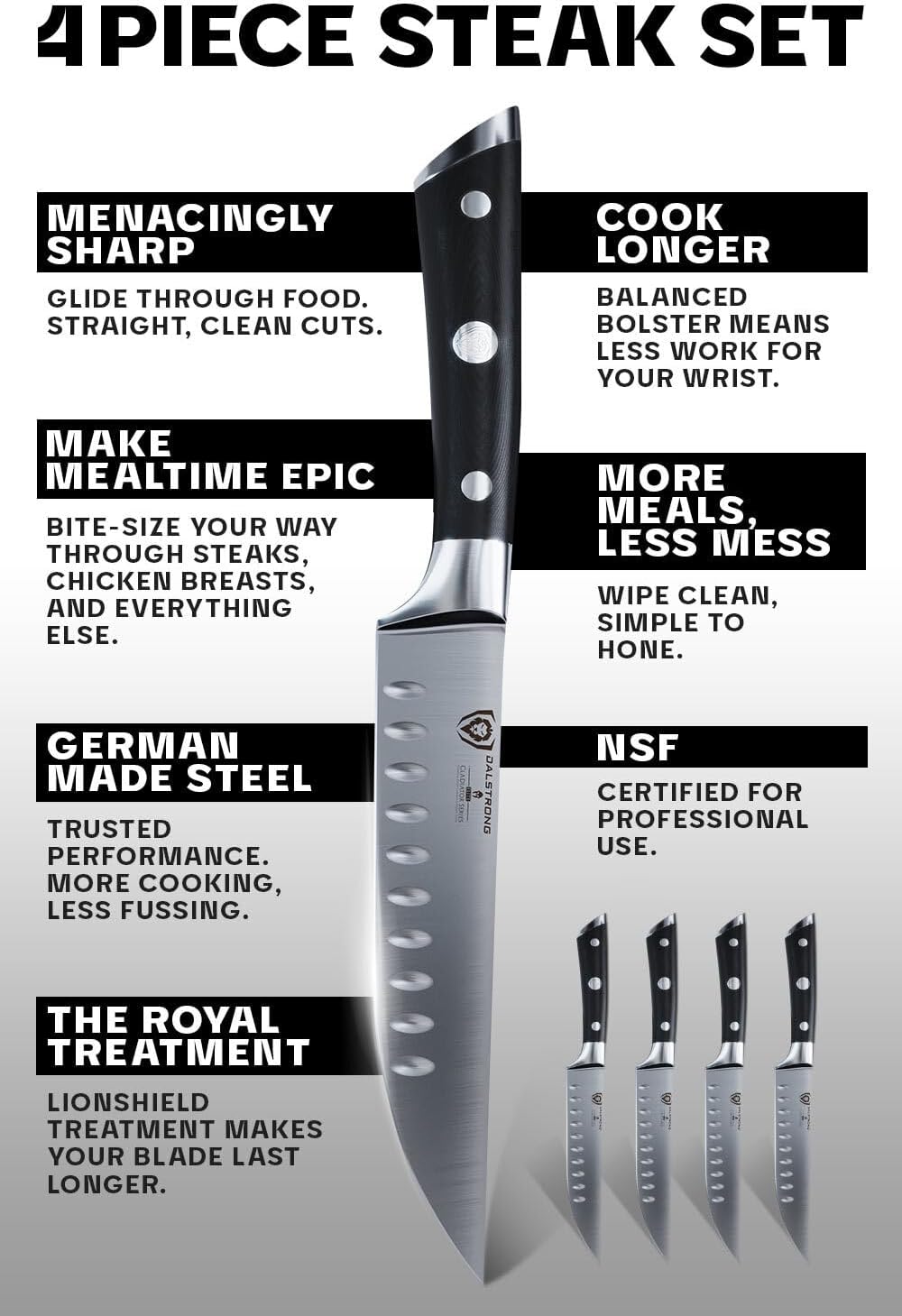 Non Serrated Steak Knives Set of 4-5 inch Straight Blade Steak Knife Set - Sheaths - Forged German Steel - Black G10 Handle - Gladiator Series Elite - Dinner Set - NSF Cuchillos para Carne