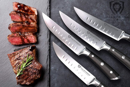 Non Serrated Steak Knives Set of 4-5 inch Straight Blade Steak Knife Set - Sheaths - Forged German Steel - Black G10 Handle - Gladiator Series Elite - Dinner Set - NSF Cuchillos para Carne