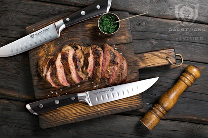 Non Serrated Steak Knives Set of 4-5 inch Straight Blade Steak Knife Set - Sheaths - Forged German Steel - Black G10 Handle - Gladiator Series Elite - Dinner Set - NSF Cuchillos para Carne